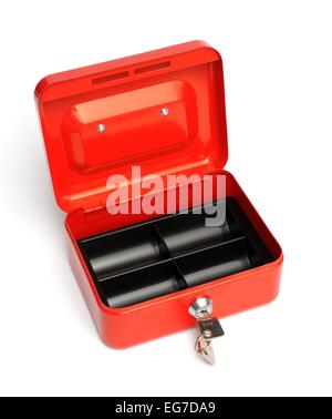 A red petty cash tin with a empty black tray inside Stock Photo