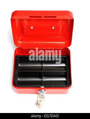 A red petty cash tin with a empty black tray inside Stock Photo