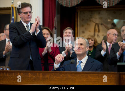 Lt. Gov. Dan Patrick applauds as Texas Governor Greg Abbott (right)  gives State of the State speech in the House chamber. Stock Photo