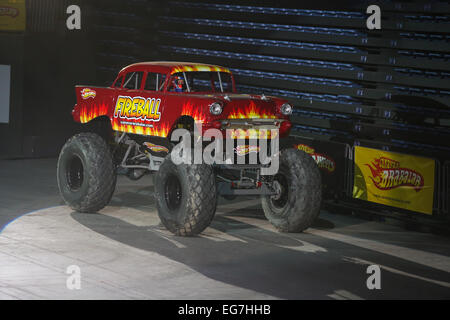 ISTANBUL TURKEY FEBRUARY 01 2015 Monster Truck Fireball Sinan Erdem Dome during Monster Hot Wheels stunt show. Stock Photo