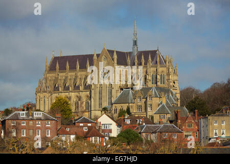 South profile of the Gothic style Arundel Cathedral. Stock Photo