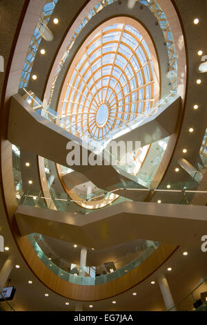 Escalators in Liverpool Central Library, with the glass and  wooden dome at the top. Stock Photo