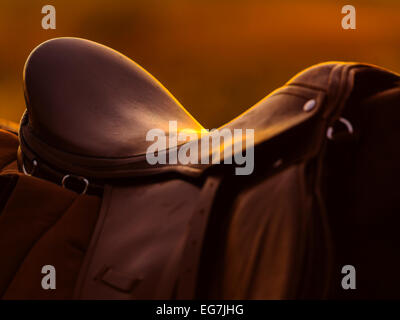 Traditional saddle on a horseback in sunset in an european village, in hungarian cultural zone, Romania. Stock Photo