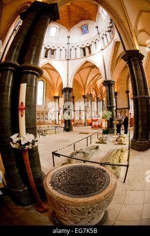 The Temple Church is a late-12th-century church in London located between Fleet Street and the River Thames. Stock Photo