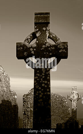 Huge Celtic Cross in Slane Abbey County Meath Ireland, shown as a Sepia image. Stock Photo