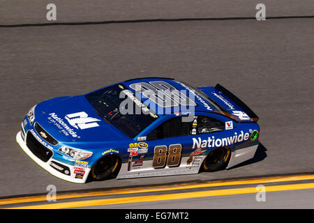 Daytona Beach, FL, USA. 18th Feb, 2015. Daytona Beach, FL - Feb 18, 2015: Dale Earnhardt Jr. (88) brings his race car through the turns during a practice session for the Daytona 500 race at the Daytona International Speedway in Daytona Beach, FL. © csm/Alamy Live News Stock Photo