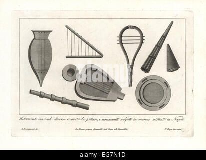 Ancient Roman musical instruments: sistrum, cithara, lute, lyre, trigono, horn and tambourine. Stock Photo