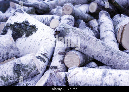 Fire wood from birch covered by hoar-frost Stock Photo