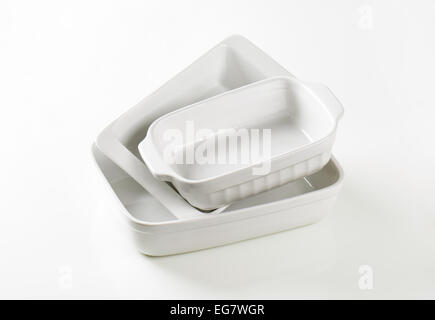Three rectangular white porcelain baking dishes Stock Photo