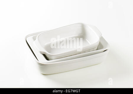 Three rectangular white porcelain baking dishes Stock Photo