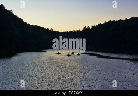 bamboo rafts in the morning mist, Pang Ung Lake, Mae Hong Son, Thailand Stock Photo