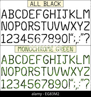 Upper case alphabets, numerals and punctuation characters in a handwritten font with segments. Black and monochrome green sets. Stock Photo
