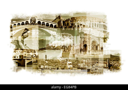 multiple exposures of different italian landmarks such as the Rialto Bridge in Venice, the Coliseum in Rome or the Ponte Vecchio Stock Photo