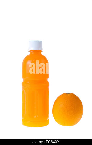 orange juice in a bottle and orange next to it isolated on white Stock Photo