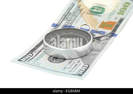 compass on 100 dollars banknote over white Stock Photo