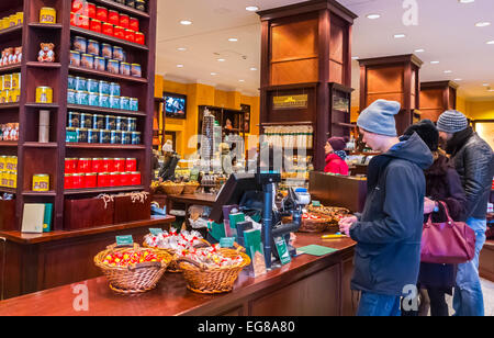 Berlin, Germany, German Bakery Shop, Teens Shopping inside Chocolate Food on Display , Fassbender & Raush, (Charlottenstrasse). Stock Photo