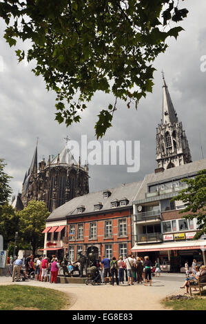 AACHEN, GERMANY - JULY 2010:  Fountain at Elisengarten with Aachen Cathedral in the background Stock Photo
