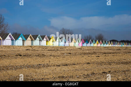 Colourful Beach huts on Mersea Island,Essex,England Stock Photo