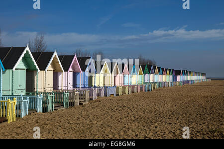 Colourful Beach huts on Mersea Island,Essex,England Stock Photo