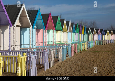 Colourful Beach huts on Mersea Island,Essex,England Stock Photo