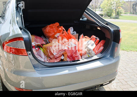 car boot / trunk full of grocery shopping Stock Photo