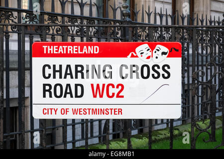 Charing Cross Road, WC2 street name sign, signifying location for Londons theatreland. Stock Photo