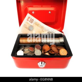 A red petty cash tin with a float of money inside Stock Photo