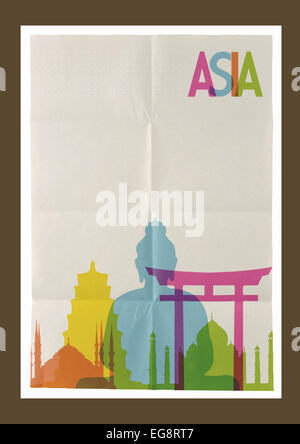 Travel Asia famous landmarks skyline on vintage paper sheet design background. Vector organized in layers for easy create your o Stock Photo