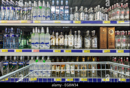 Showcase alcoholic beverages at the hypermarket METRO. Metro Group is a German global divers Stock Photo