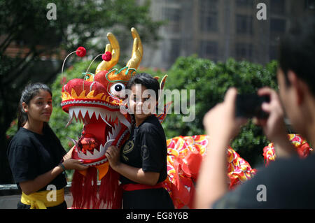 Sao Paulo, Brazil. 19th Feb, 2015. People pose for photos with a dragon during an event in Sao Paulo, Brazil, on Feb. 19, 2015. Sao Paulo on Thursday announced the Chinese Lunar New Year celebration which will be held on Feb. 21 and Feb. 22. Credit:  Rahel Patrasso/Xinhua/Alamy Live News Stock Photo