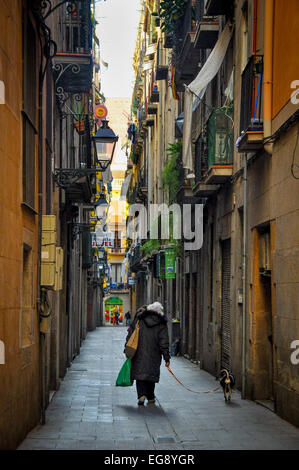 older citizen walking dog in narrow street in Barcelona Spain Stock Photo