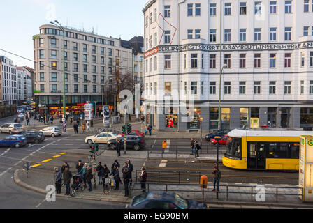 Berlin, Germany, High Angle View, Street Corner Scene, Rosenthaler Place, in Mitte District, with Tram, city buildings Stock Photo