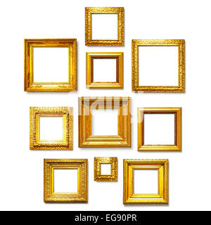 Antique square gold frames collection on white background. Gallery wall ideas Stock Photo
