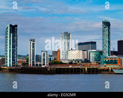 View across the River Mersey towards the City of Liverpool Waterfront with new skyscrapers on the skyline England UK Stock Photo