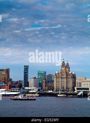View across the River Mersey towards the City of Liverpool Waterfront with skyline and  Royal Iris Ferry England UK Stock Photo