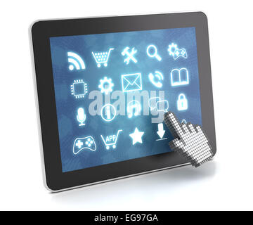 Clicking on a tablet with touchscreen interface, 3d render Stock Photo