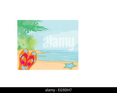 Flip-flops and seashell on the beach Stock Vector