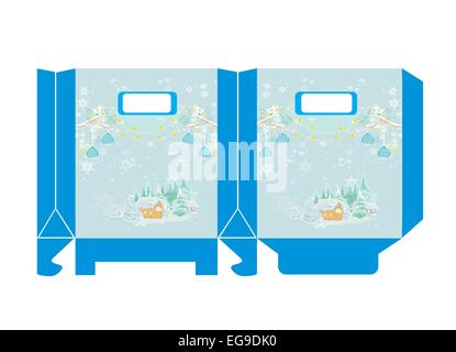 Decorative gift box with Christmas balls ,birds and winter landscape Stock Vector