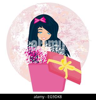 girl opening a Christmas or birthday present box with a wonderful surprise Stock Vector