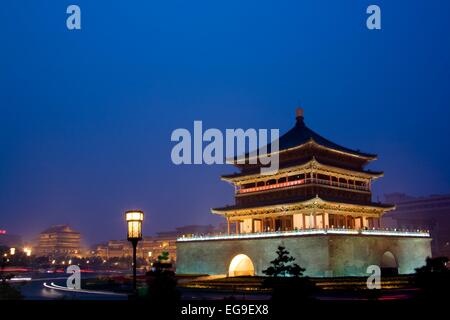 China, Shaanxi, Xian, Drum Tower at night Stock Photo