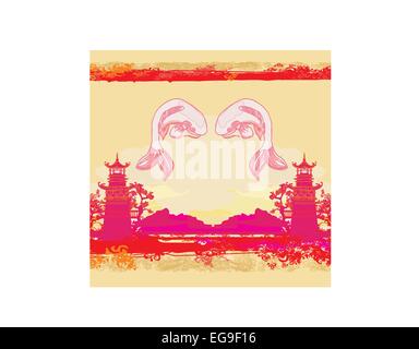 japanese koi and ancient building background Stock Vector