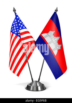 USA and Cambodia - Miniature Flags Isolated on White Background. Stock Photo