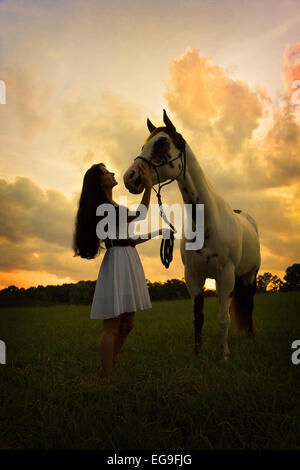 Woman with horse in field at sunset Stock Photo