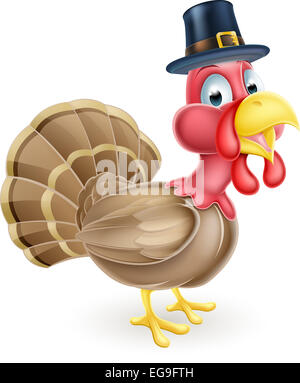 Cartoon thanksgiving turkey mascot wearing a pilgrim or puritan hat Stock Photo