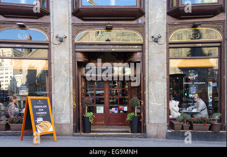 Facade of Cafe del Principe, with sign Churros, coffee, Chocolate, Classic restaurant cafe in centre of  Madrid, Spain. Stock Photo