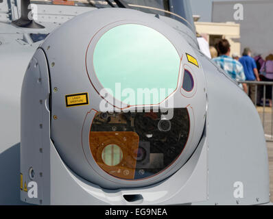 Close-up of nose-mounted Wescam MX-15D multi-sensor imaging and lasing system on an AgustaWestland AW159 Wildcat HM2 helicopter Stock Photo