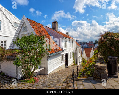 Street with white houses in the old part of Stavanger, Norway. Stock Photo