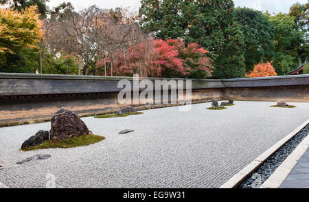 Autumn (fall) colour at Ryoan-ji zen temple garden, Kyoto, where trees overhang the ancient wall of this famous 15c dry gravel (kare-sansui) garden Stock Photo