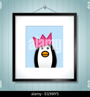 Cute Portrait of Single Penguin Wearing Party Hat in Picture Frame Hanging on Blue Wallpaper Background Stock Photo