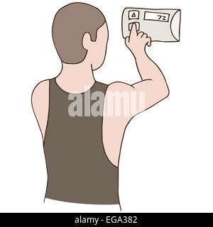 An image of a man adjusting a thermostat. Stock Photo